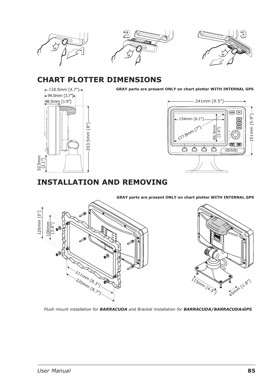 Chart plotter dimensions, Installation and removing, 85 user manual | Seiwa Starfish 2nd Edition User Manual | Page 83 / 118