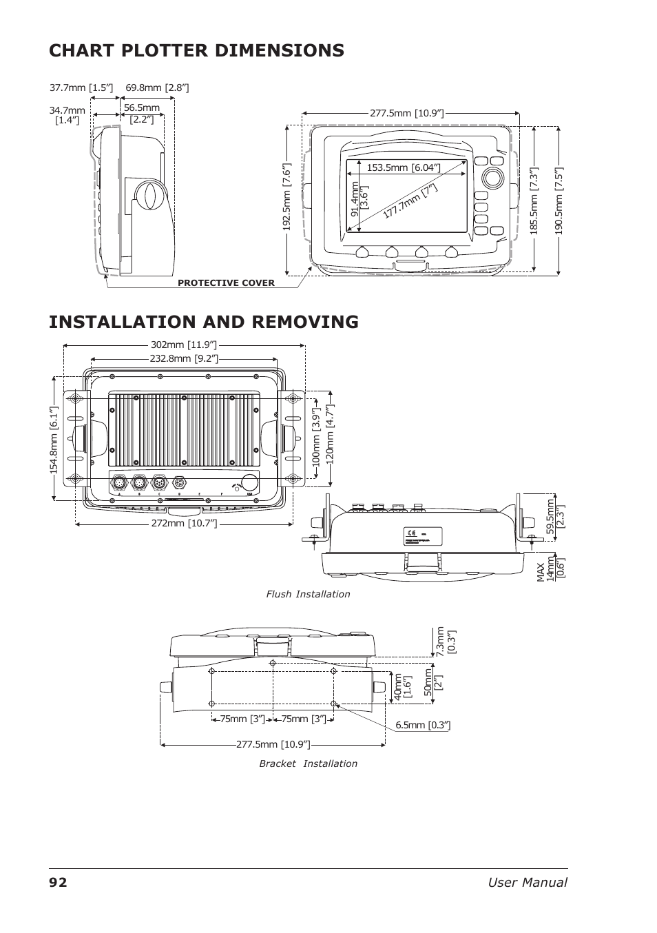 Chart plotter dimensions, Installation and removing, 92 user manual | Seiwa Starfish 2nd Edition User Manual | Page 90 / 118