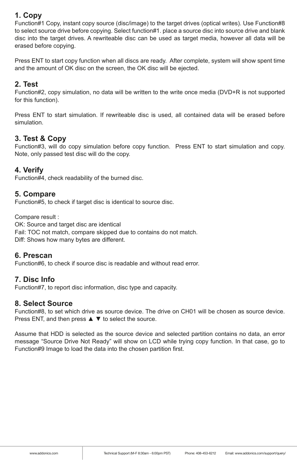 Copy, Test, Test & copy | Verify, Compare, Prescan, Disc info, Select source | Addonics Technologies DUPLICATOR DDU7SAS User Manual | Page 5 / 10