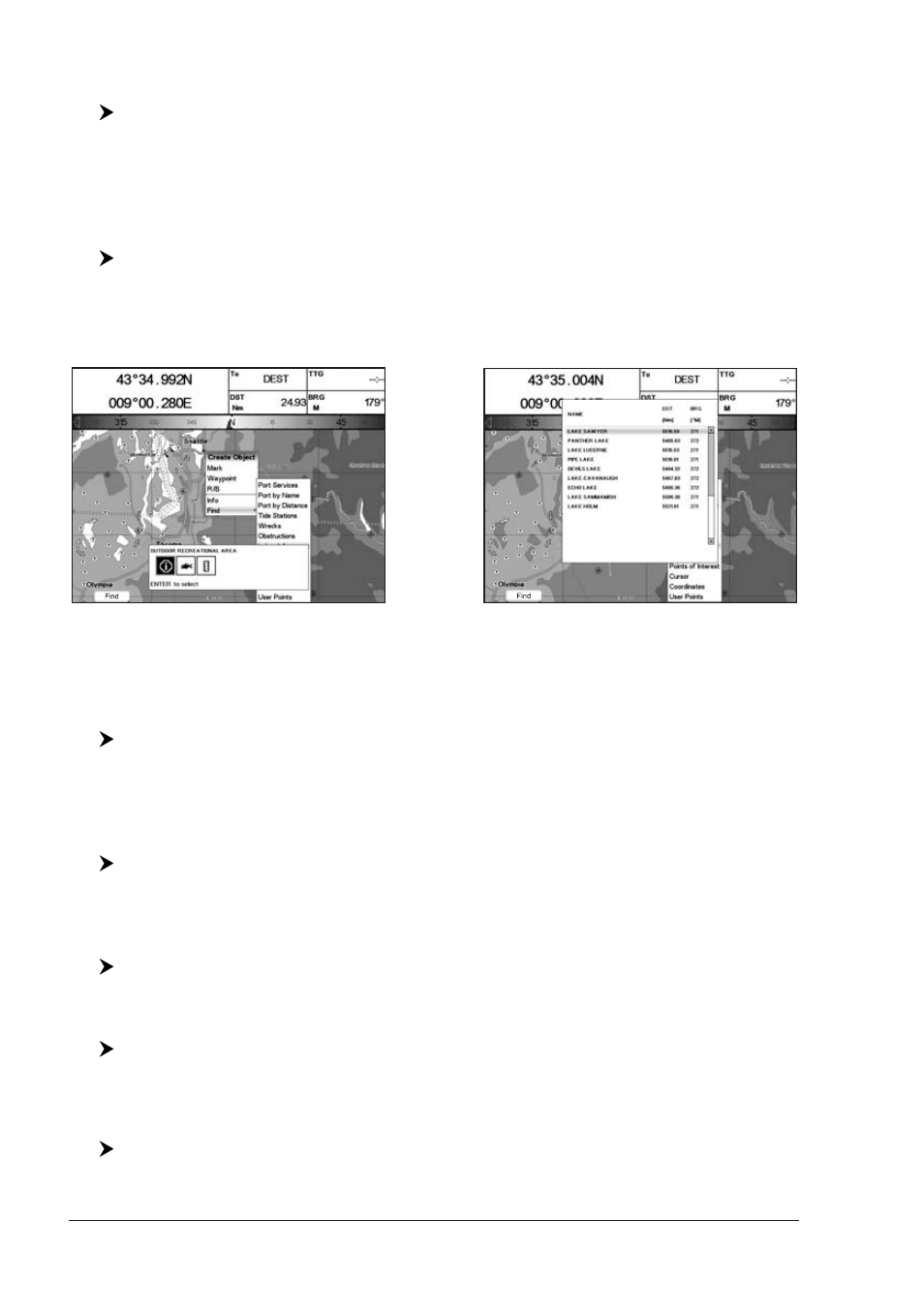 Finding nearest obstructions, Finding nearest lakes information, Finding nearest lakes by name | Finding nearest points of interest, Finding cursor, Finding coordinates, Finding user points | Seiwa SW701i SW701e User Manual | Page 44 / 153