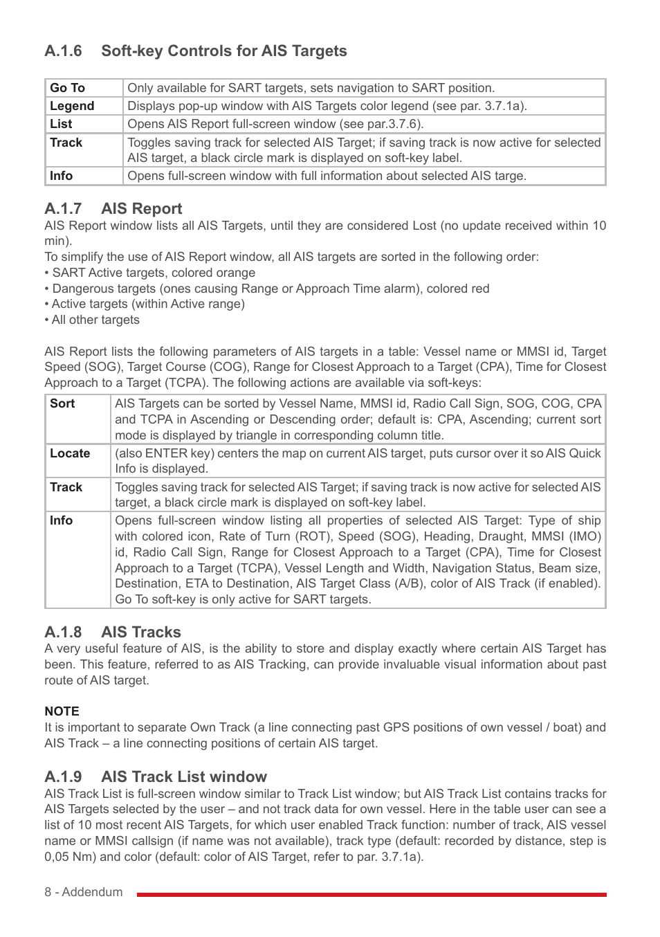 A.1.6 soft-key controls for ais targets, A.1.7 ais report, A.1.8 ais tracks | A.1.9 ais track list window | Seiwa Marlin(v.16.31) User Manual | Page 8 / 12
