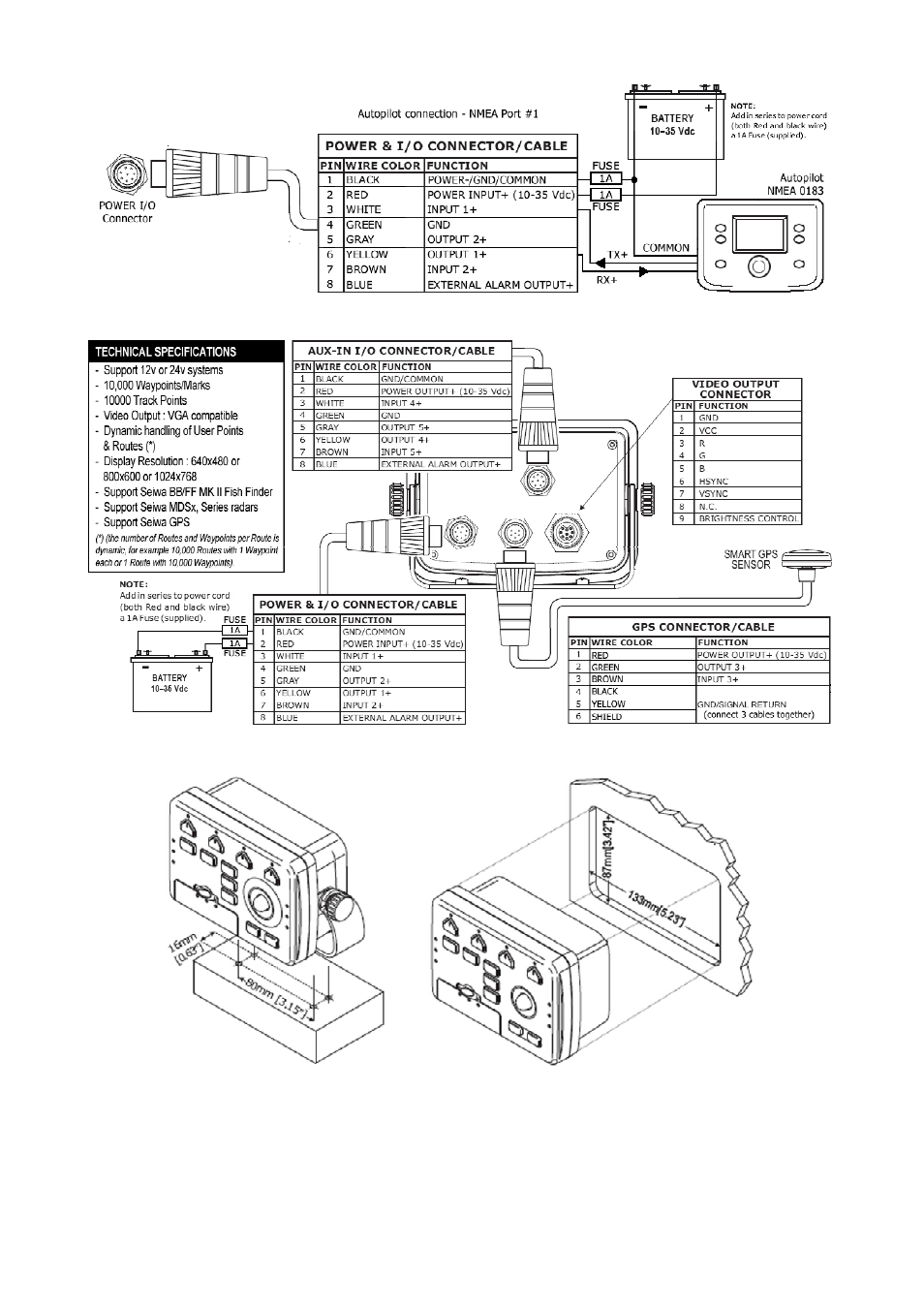 Autopilot connection, Connections and technical specifications, Bracket and flush mount installation schemes | Seiwa Explorer 3(v.7.0) User Manual | Page 8 / 8
