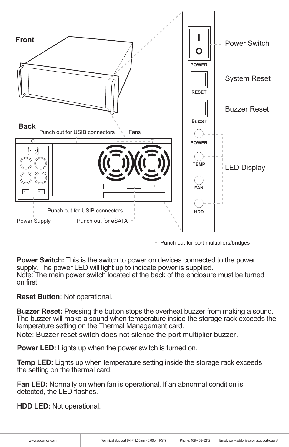 Power switch system reset buzzer reset led display | Addonics Technologies RAID RACK RR2035ASDES User Manual | Page 2 / 12
