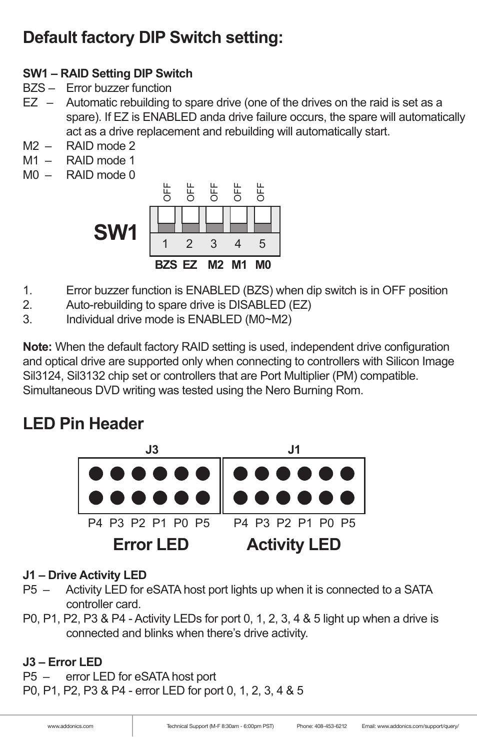 Default factory dip switch setting, Error led activity led, Led pin header | Addonics Technologies RAID RACK RR2035ASDES User Manual | Page 6 / 12