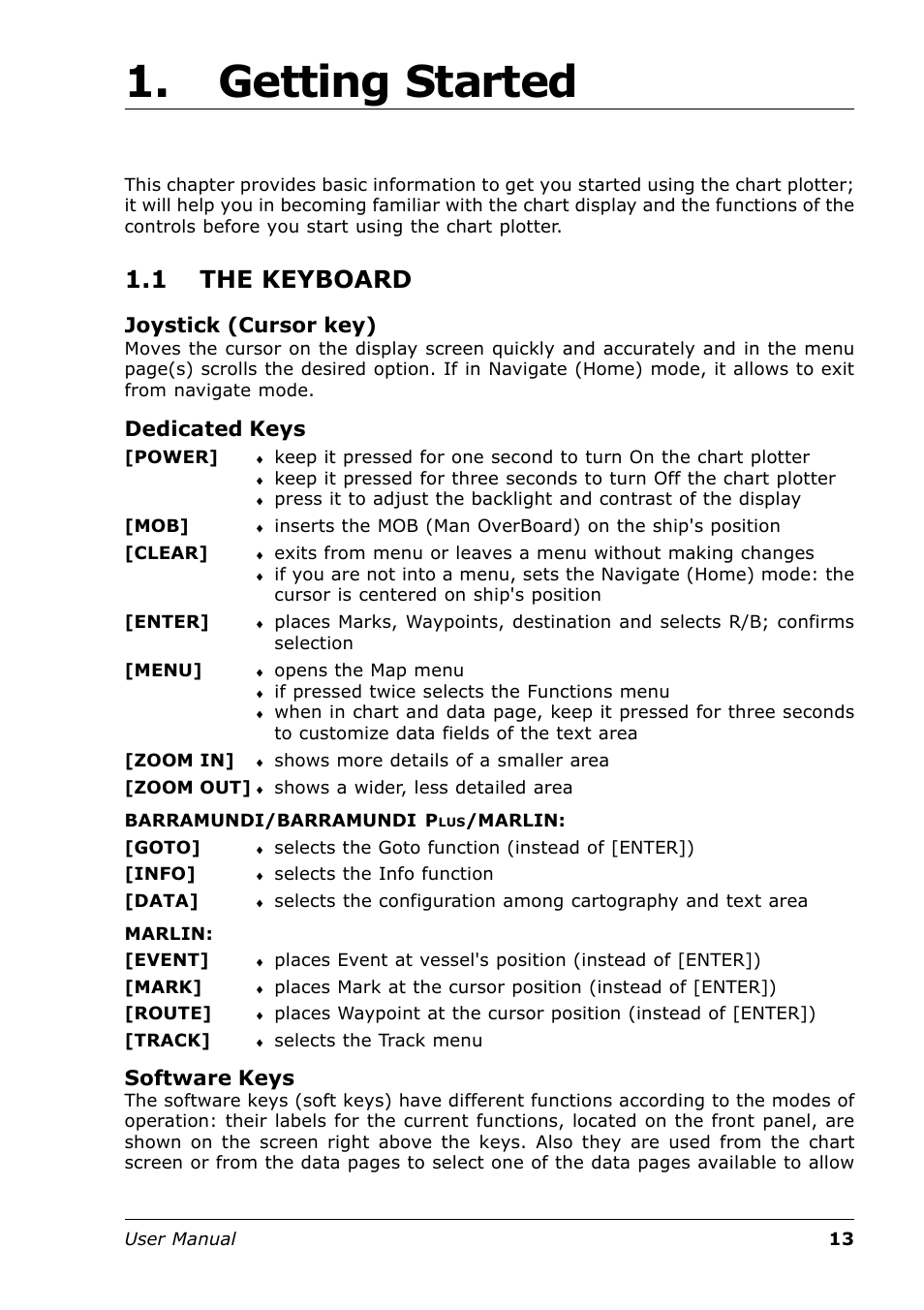Getting started, 1 the keyboard, Joystick (cursor key) | Dedicated keys, Software keys | Seiwa Tigershark Plus User Manual | Page 11 / 109