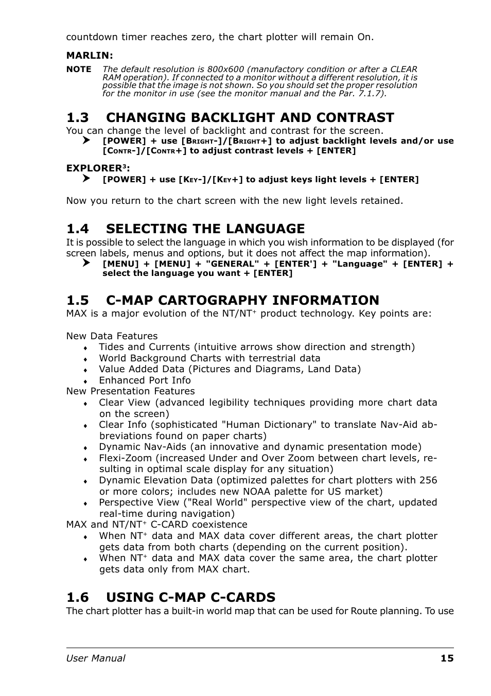 3 changing backlight and contrast, 4 selecting the language, 5 c-map cartography information | 6 using c-map c-cards | Seiwa Tigershark Plus User Manual | Page 13 / 109