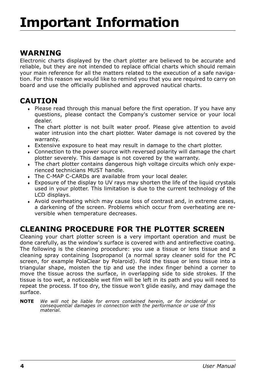 Important information, Warning, Caution | Cleaning procedure for the plotter screen | Seiwa Tigershark Plus User Manual | Page 2 / 109