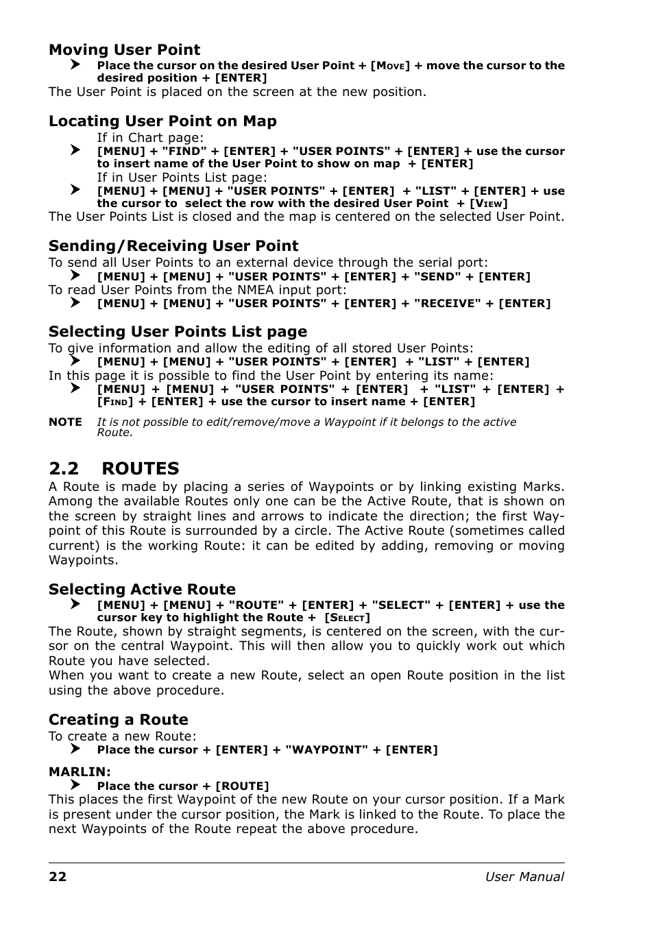 2 routes, Moving user point, Locating user point on map | Sending/receiving user point, Selecting user points list page, Selecting active route, Creating a route | Seiwa Tigershark Plus User Manual | Page 20 / 109