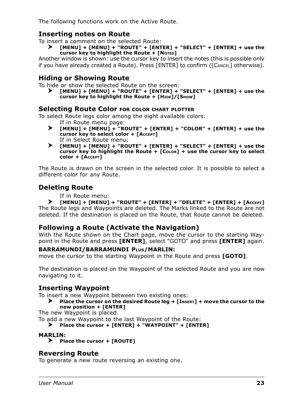 Hiding or showing route, Selecting route color, Deleting route | Following a route (activate the navigation), Inserting waypoint, Reversing route | Seiwa Tigershark Plus User Manual | Page 21 / 109