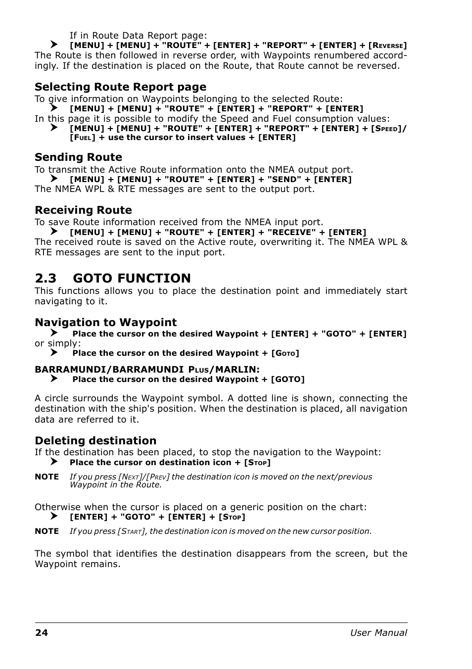 3 goto function, Selecting route report page, Sending route | Receiving route, Navigation to waypoint, Deleting destination | Seiwa Tigershark Plus User Manual | Page 22 / 109