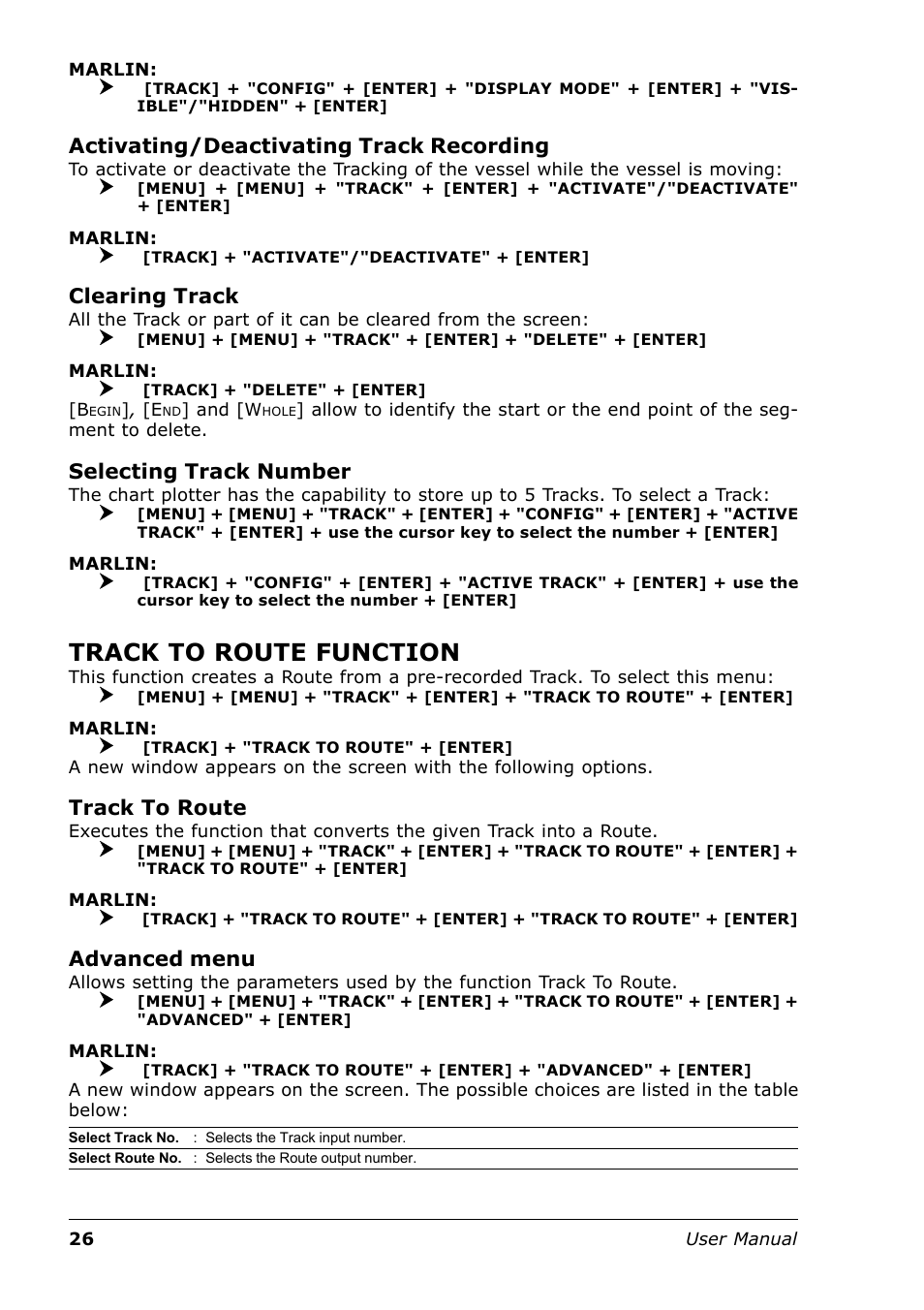 Track to route function, Activating/deactivating track recording, Clearing track | Selecting track number, Track to route, Advanced menu | Seiwa Tigershark Plus User Manual | Page 24 / 109