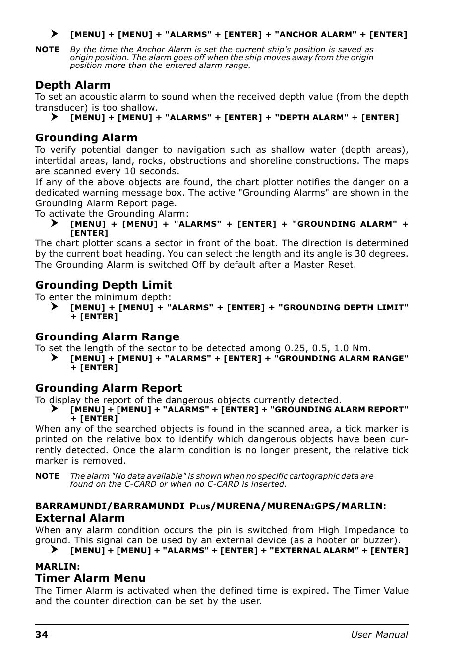 Depth alarm, Grounding alarm, Grounding depth limit | Grounding alarm range, Grounding alarm report, External alarm, Timer alarm menu | Seiwa Tigershark Plus User Manual | Page 32 / 109