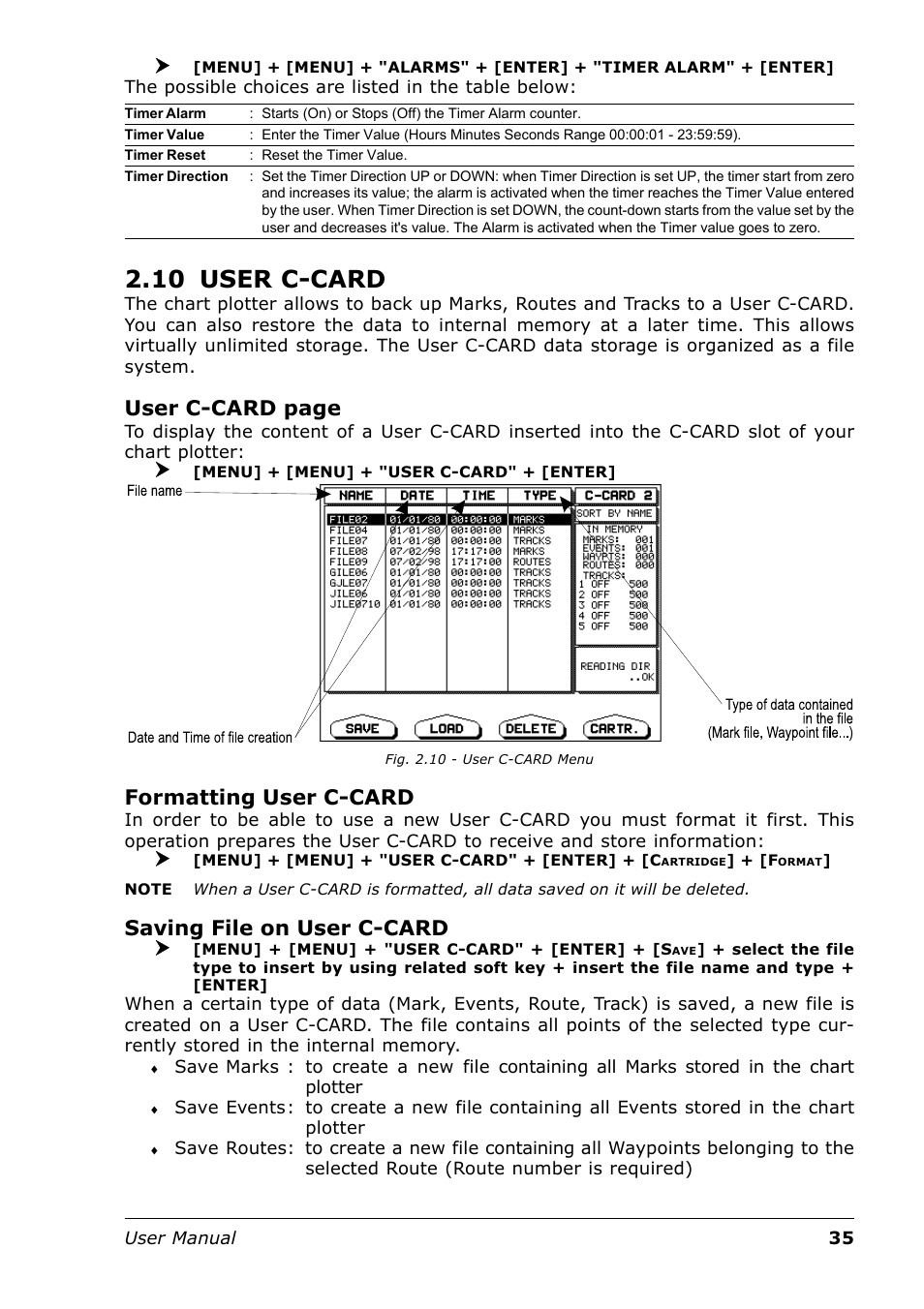 10 user c-card, User c-card page, Formatting user c-card | Saving file on user c-card | Seiwa Tigershark Plus User Manual | Page 33 / 109