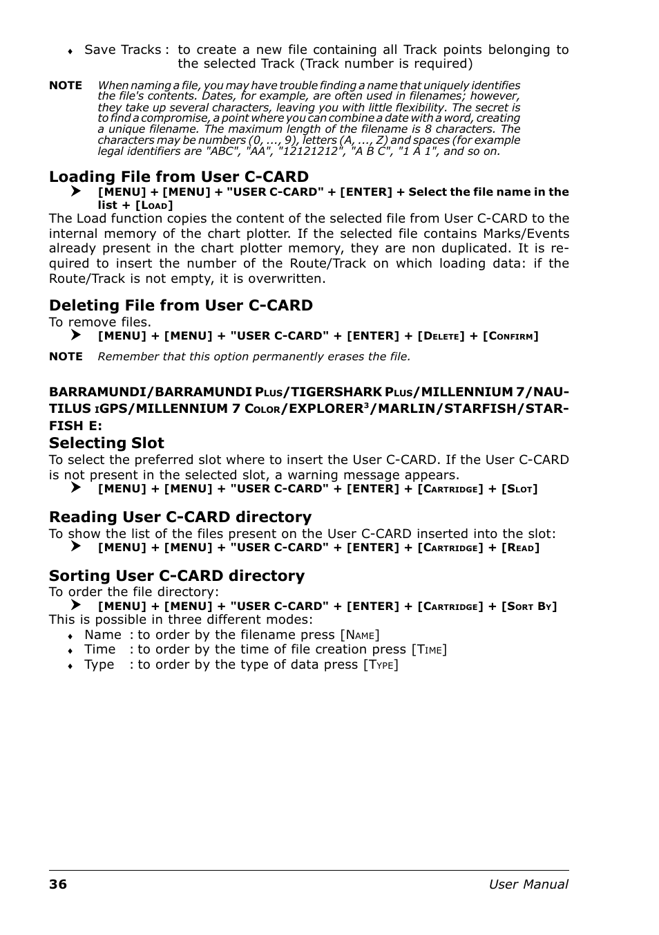 Loading file from user c-card, Deleting file from user c-card, Selecting slot | Reading user c-card directory, Sorting user c-card directory | Seiwa Tigershark Plus User Manual | Page 34 / 109