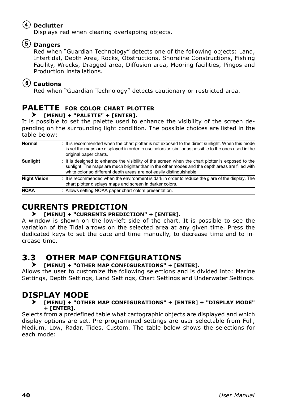 Palette, Currents prediction, 3 other map configurations | Display mode | Seiwa Tigershark Plus User Manual | Page 38 / 109