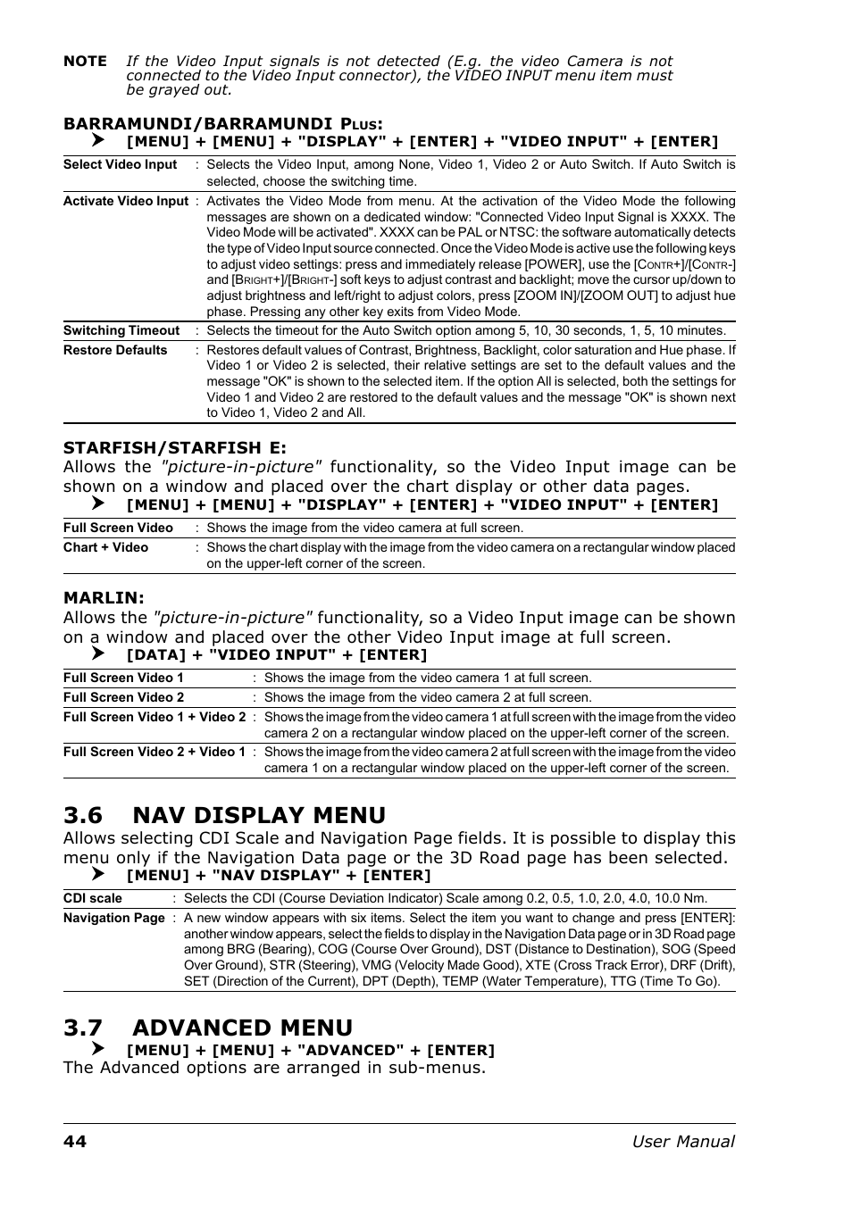 6 nav display menu, 7 advanced menu | Seiwa Tigershark Plus User Manual | Page 42 / 109
