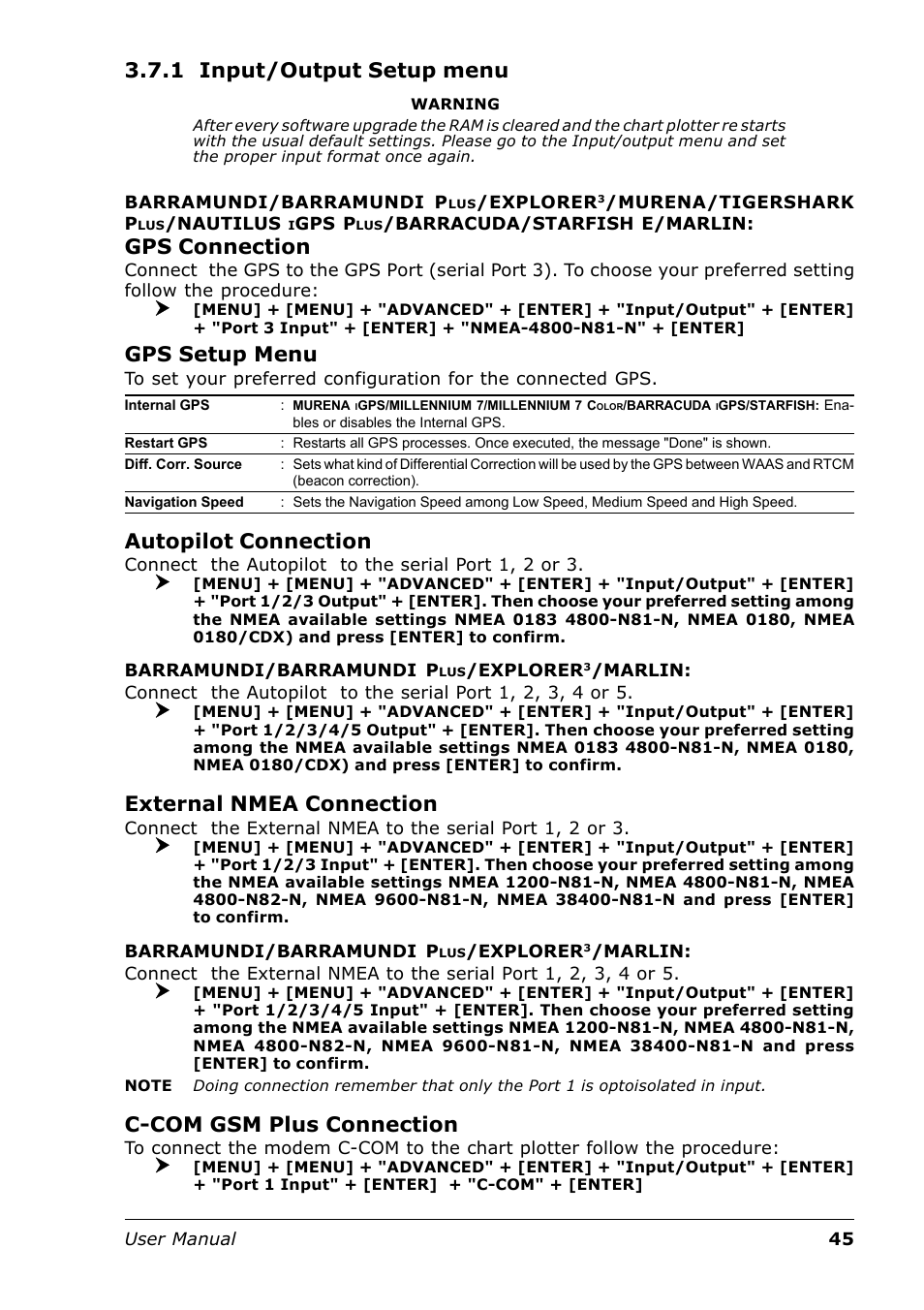 1 input/output setup menu, Gps connection, Gps setup menu | Autopilot connection, External nmea connection, C-com gsm plus connection | Seiwa Tigershark Plus User Manual | Page 43 / 109