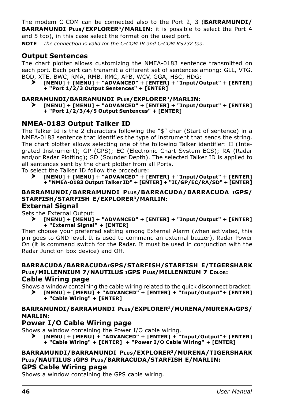 Output sentences, Nmea-0183 output talker id, External signal | Cable wiring page, Power i/o cable wiring page, Gps cable wiring page | Seiwa Tigershark Plus User Manual | Page 44 / 109