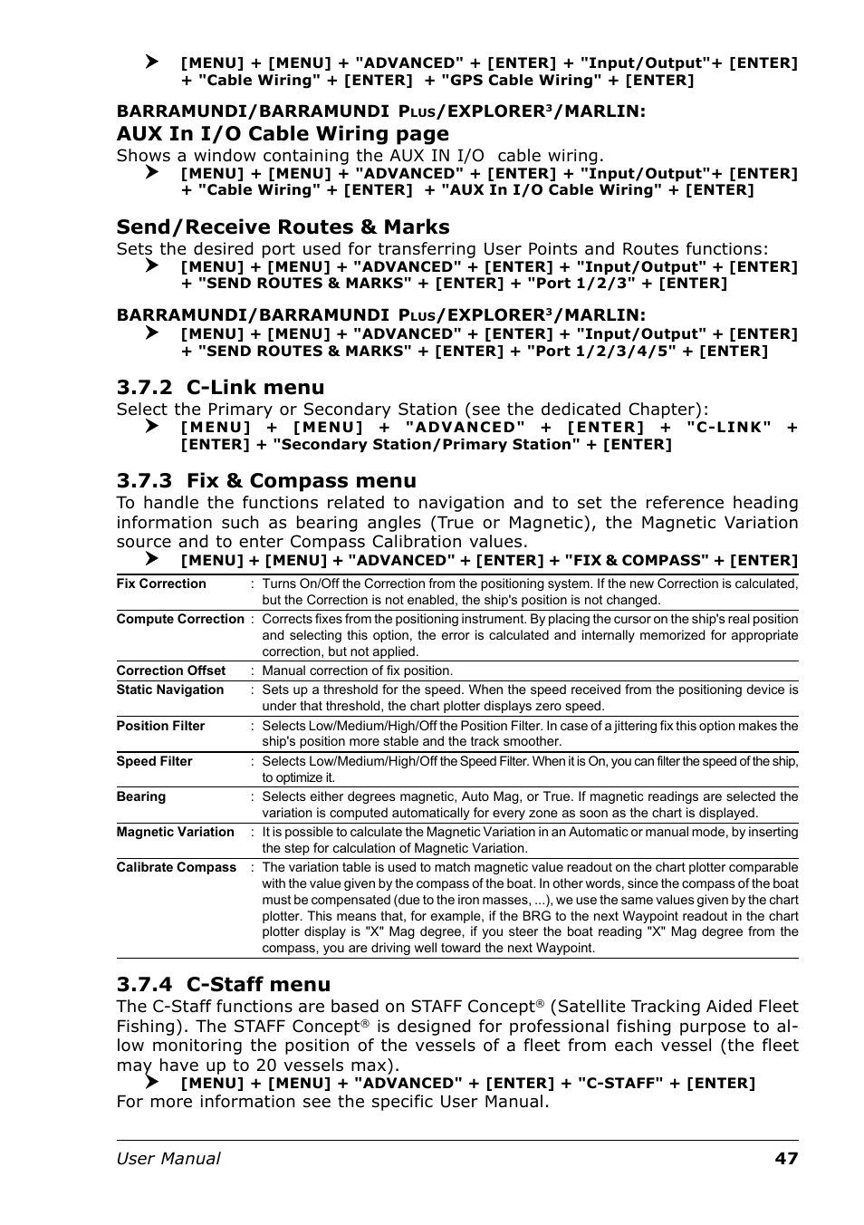 Aux in i/o cable wiring page, Send/receive routes & marks, 2 c-link menu | 3 fix & compass menu, 4 c-staff menu | Seiwa Tigershark Plus User Manual | Page 45 / 109