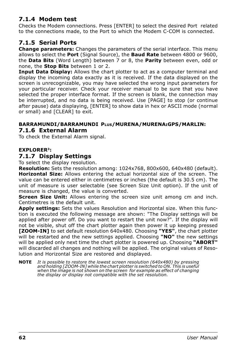 4 modem test, 5 serial ports, 6 external alarm | 7 display settings | Seiwa Tigershark Plus User Manual | Page 60 / 109