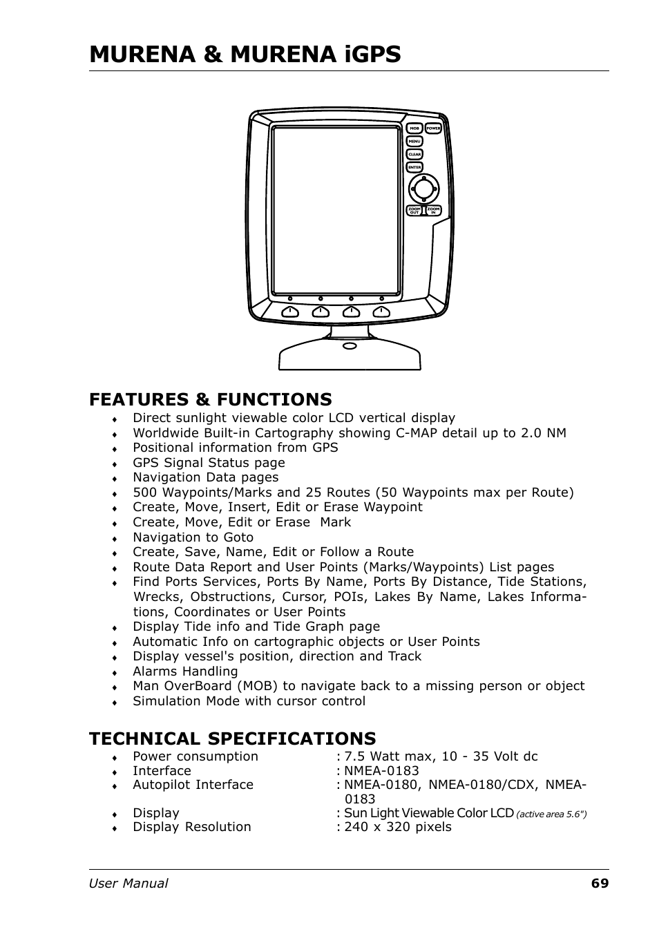Murena & murena igps, Features & functions, Technical specifications | Seiwa Tigershark Plus User Manual | Page 67 / 109