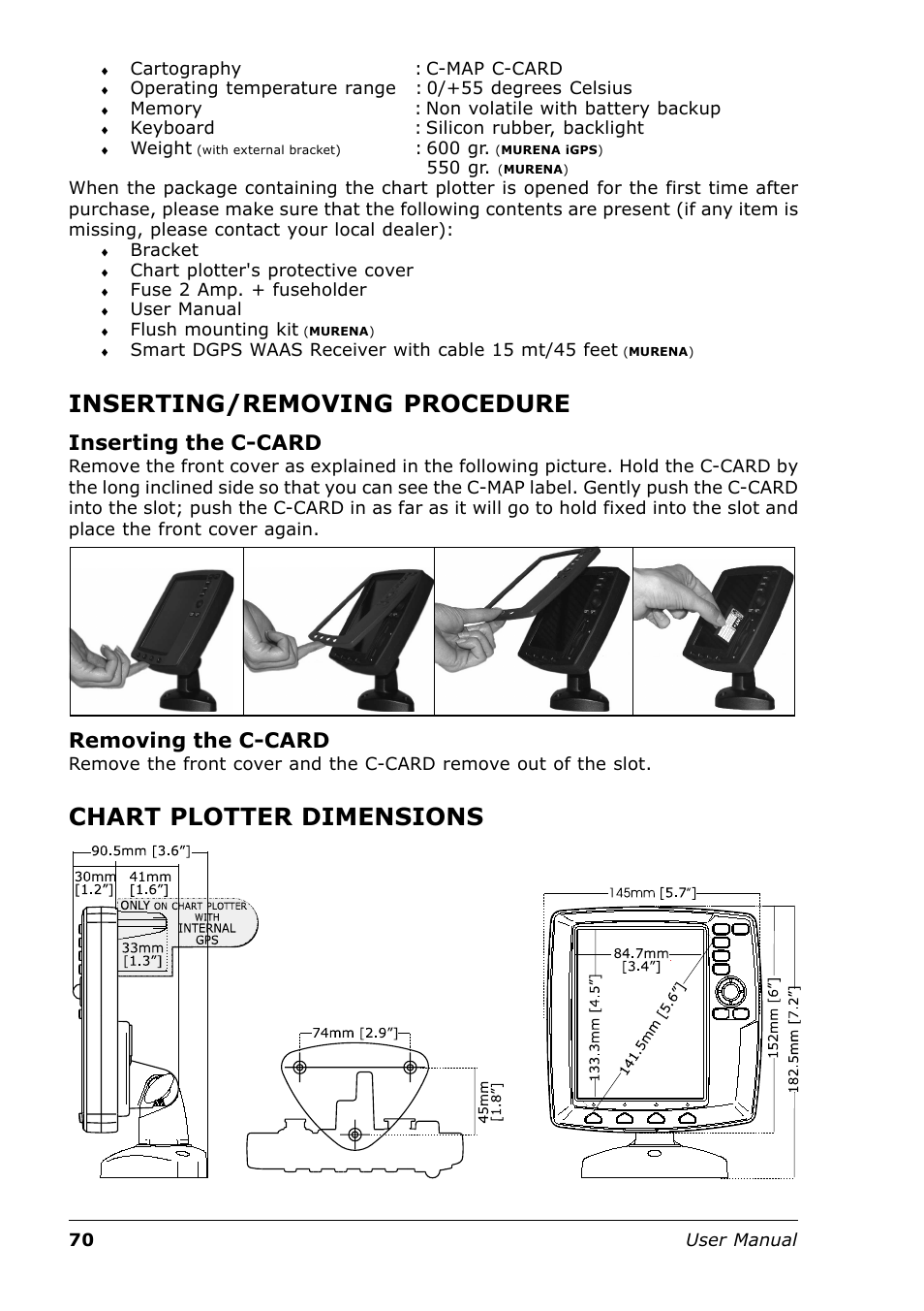 Inserting/removing procedure, Chart plotter dimensions, Inserting the c-card | Removing the c-card | Seiwa Tigershark Plus User Manual | Page 68 / 109