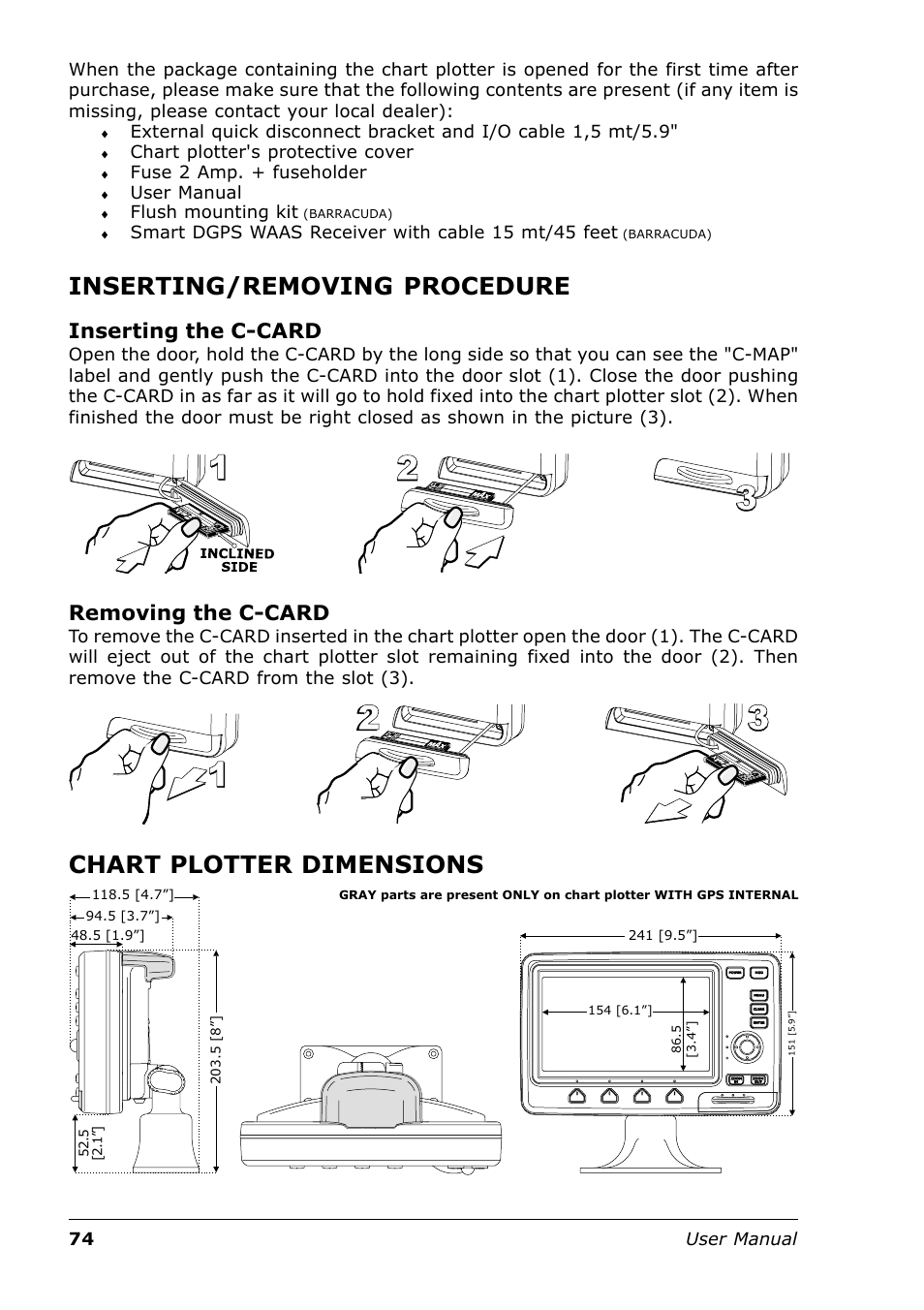 Inserting/removing procedure, Chart plotter dimensions, Inserting the c-card | Removing the c-card | Seiwa Tigershark Plus User Manual | Page 72 / 109