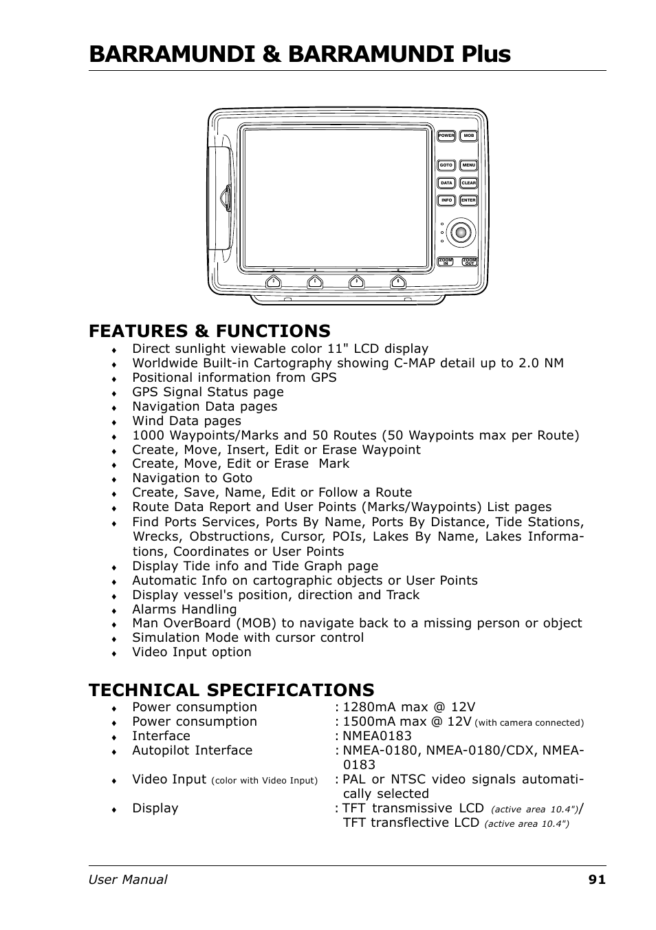 Barramundi & barramundi plus, Features & functions, Technical specifications | Seiwa Tigershark Plus User Manual | Page 89 / 109