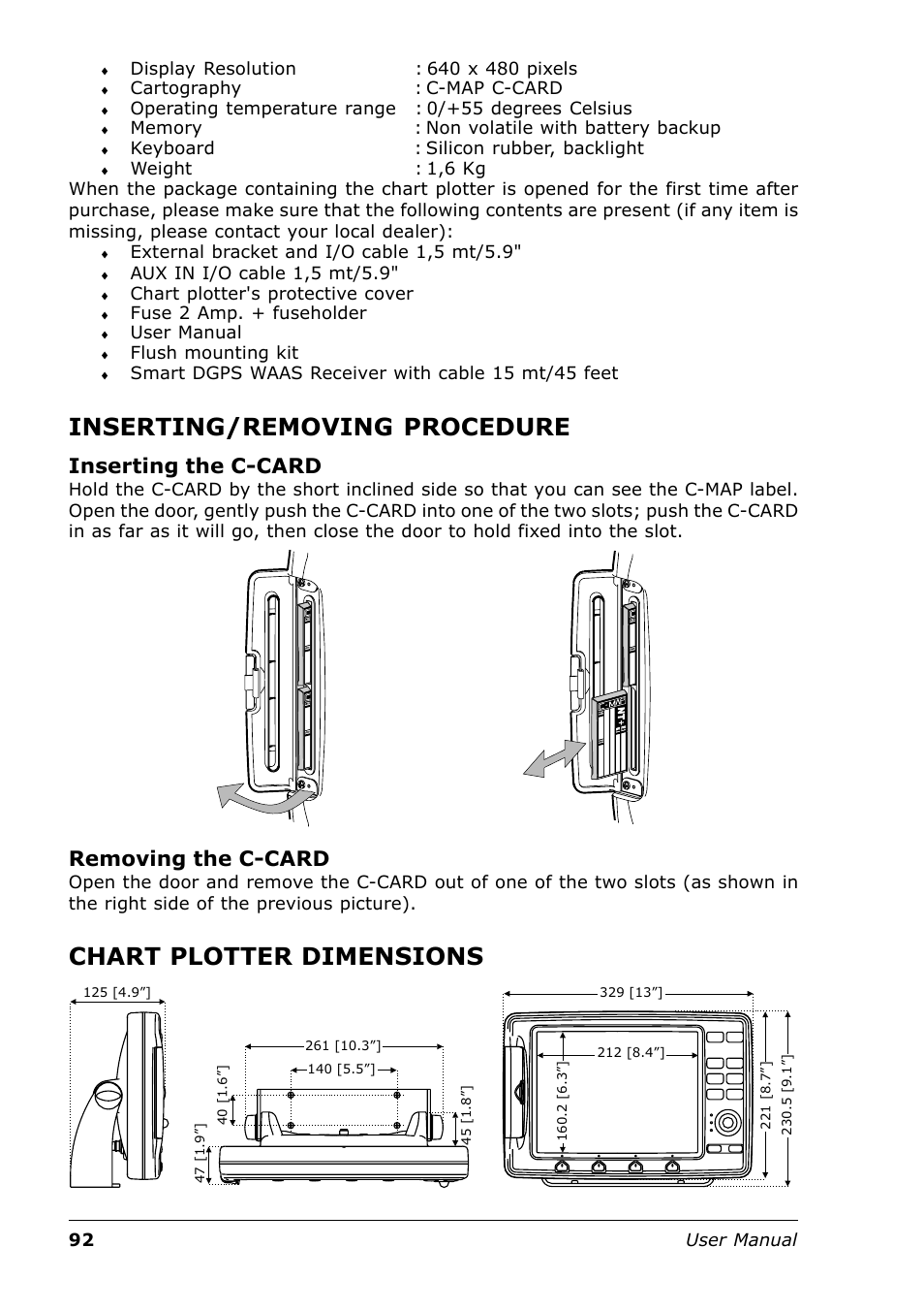 Inserting/removing procedure, Chart plotter dimensions, Inserting the c-card | Removing the c-card | Seiwa Tigershark Plus User Manual | Page 90 / 109