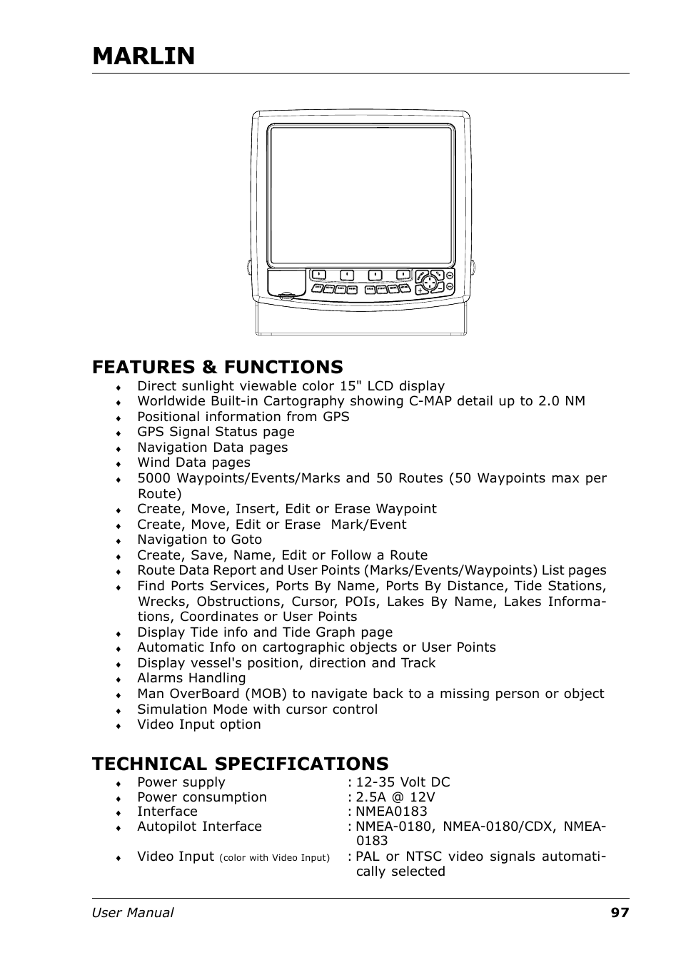 Marlin, Features & functions, Technical specifications | Seiwa Tigershark Plus User Manual | Page 95 / 109