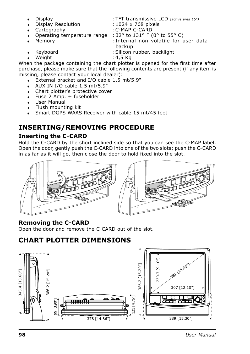 Inserting/removing procedure, Chart plotter dimensions, Inserting the c-card | Removing the c-card | Seiwa Tigershark Plus User Manual | Page 96 / 109