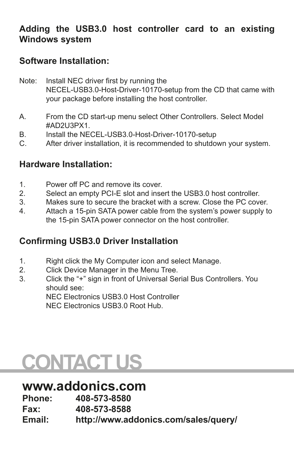 Contact us | Addonics Technologies AD2U3PX1 User Manual | Page 2 / 2