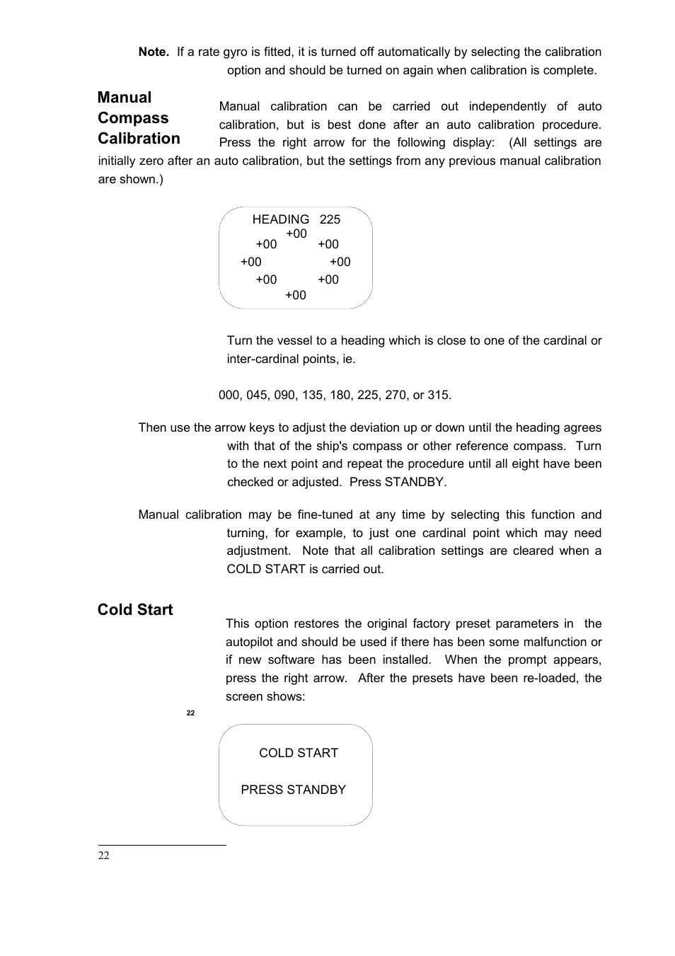 Manual compass calibration, Cold start | Seiwa SW AP03 User Manual | Page 24 / 49