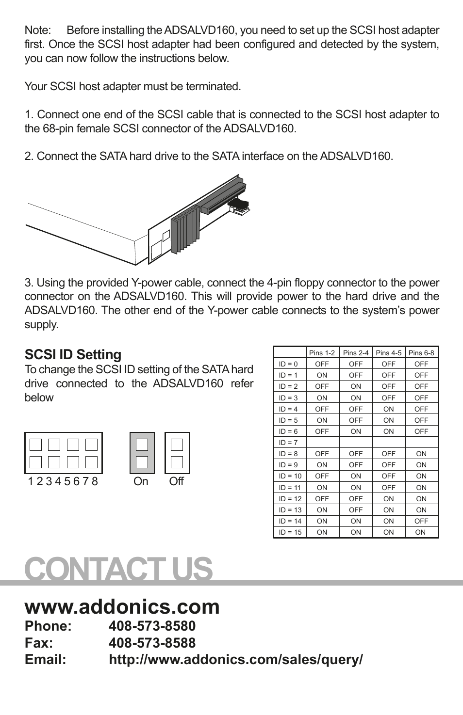 Contact us, Scsi id setting | Addonics Technologies ADSALVD160 User Manual | Page 2 / 2