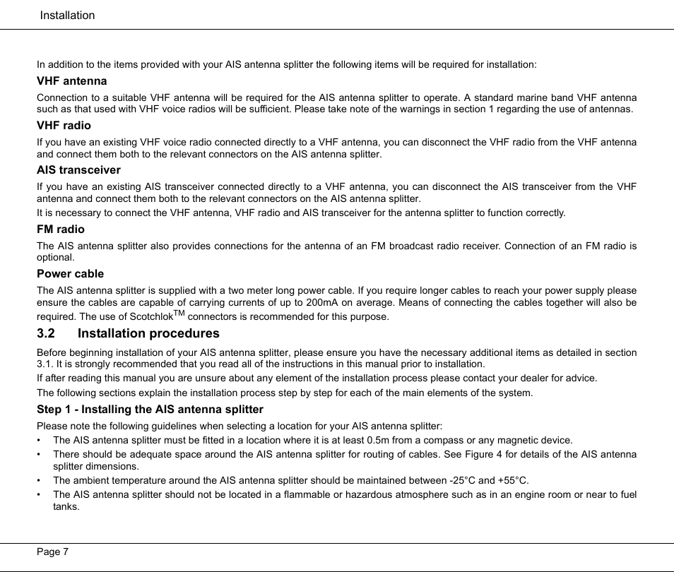 Vhf antenna, Vhf radio, Ais transceiver | Fm radio, Power cable, 2 installation procedures, Step 1 - installing the ais antenna splitter, N 3.2 | Seiwa Si-Tex MDA3 User Manual | Page 10 / 20