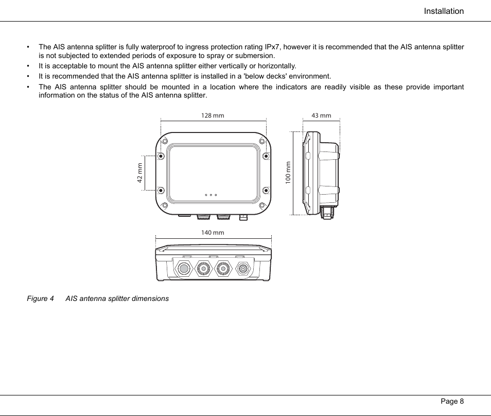 Figure 4 ais antenna splitter dimensions, Figure 4, Ais antenna splitter dimensions | Seiwa Si-Tex MDA3 User Manual | Page 11 / 20