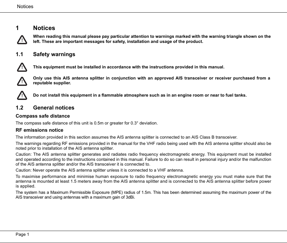 1 notices, 1 safety warnings, 2 general notices | Compass safe distance, Rf emissions notice, Notices, 1 safety warnings 1.2 general notices, 1notices | Seiwa Si-Tex MDA3 User Manual | Page 4 / 20