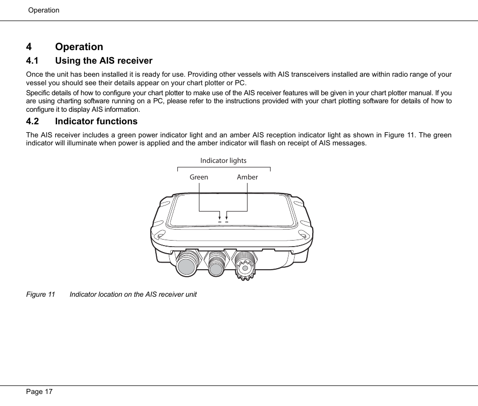 4 operation, 1 using the ais receiver, 2 indicator functions | Operation, 1 using the ais receiver 4.2 indicator functions, Figure 11, Indicator location on the ais receiver unit, 4operation | Seiwa Si-Tex MDA2 User Manual | Page 20 / 23