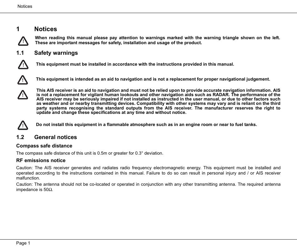 1 notices, 1 safety warnings, 2 general notices | Compass safe distance, Rf emissions notice, Notices, 1 safety warnings 1.2 general notices, 1notices | Seiwa Si-Tex MDA2 User Manual | Page 4 / 23