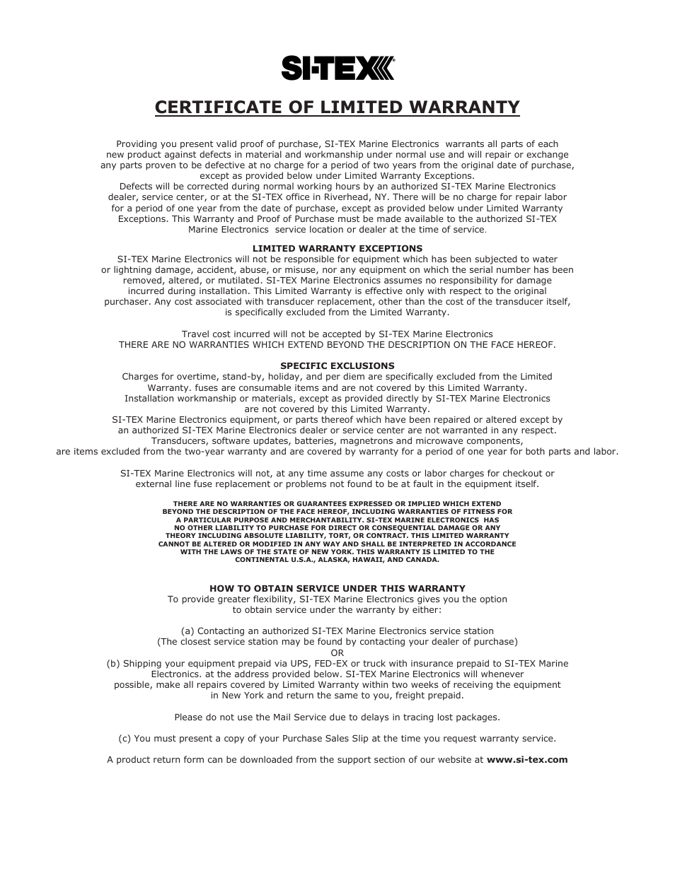 Certificate of limited warranty | Seiwa Si-Tex Vector 3D GPS User Manual | Page 52 / 54
