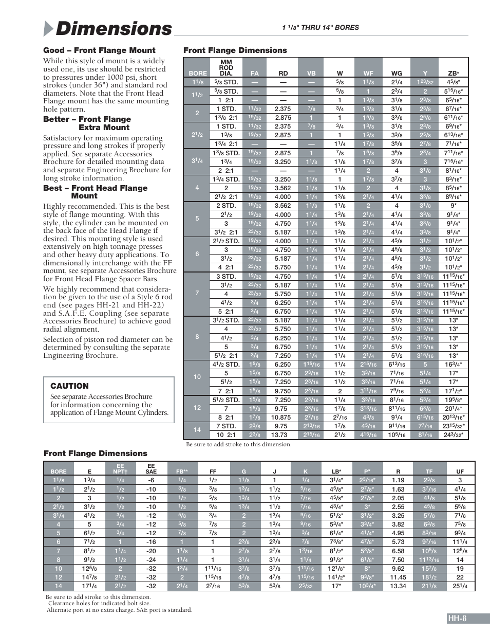 Dimensions, Hh-8, Front flange dimensions | Sheffer HH SERIES User Manual | Page 9 / 28
