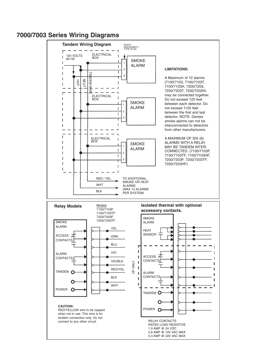 Smoke alarm, Tandem wiring diagram relay models, Isolated thermal with optional accessory contacts | Silent Call Gentex 7100F User Manual | Page 3 / 4