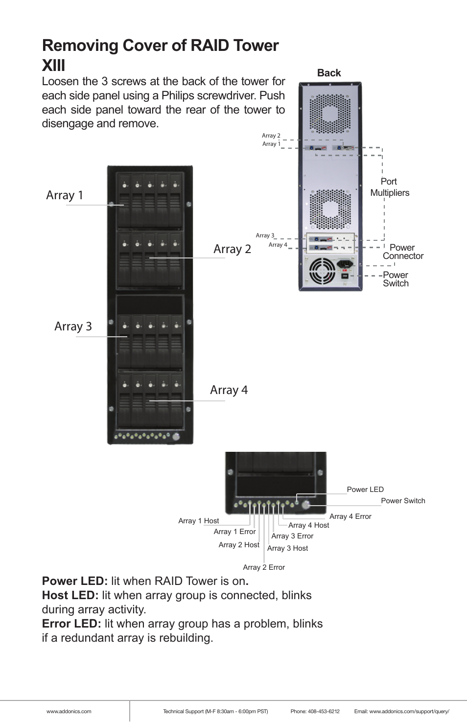 Removing cover of raid tower xiii, Array 1 array 2 array 3 array 4 | Addonics Technologies RAID TOWER XIII RT134SDEU3 User Manual | Page 2 / 8