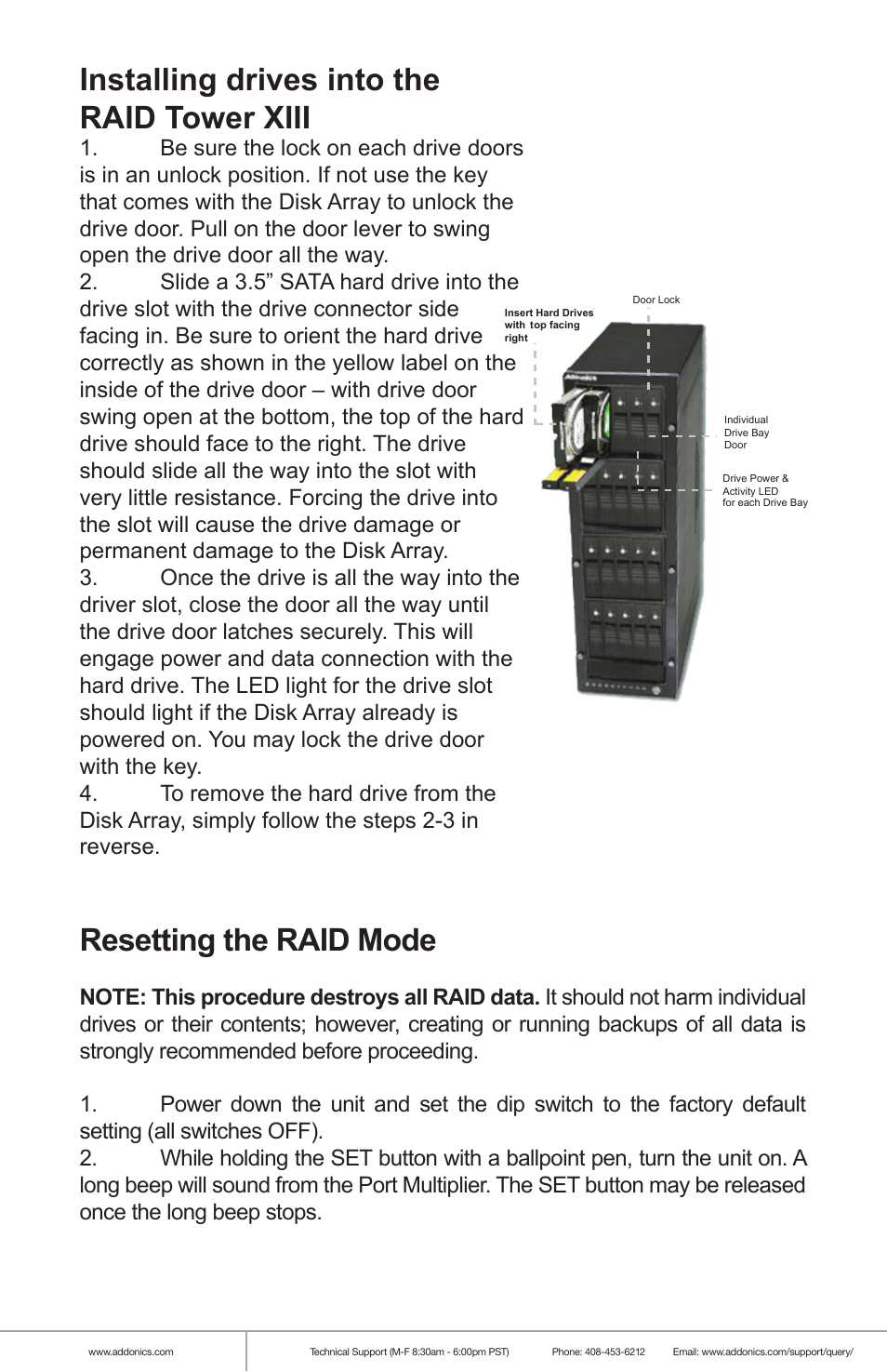 Resetting the raid mode, Installing drives into the raid tower xiii | Addonics Technologies RAID TOWER XIII RT134SDEU3 User Manual | Page 3 / 8