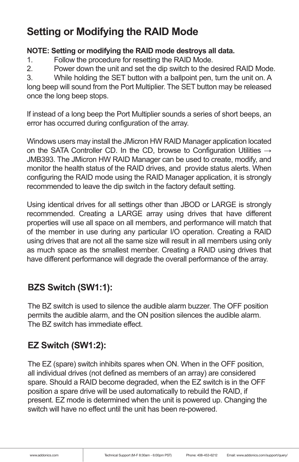 Setting or modifying the raid mode, Bzs switch (sw1:1), Ez switch (sw1:2) | Addonics Technologies RAID TOWER XIII RT134SDEU3 User Manual | Page 4 / 8