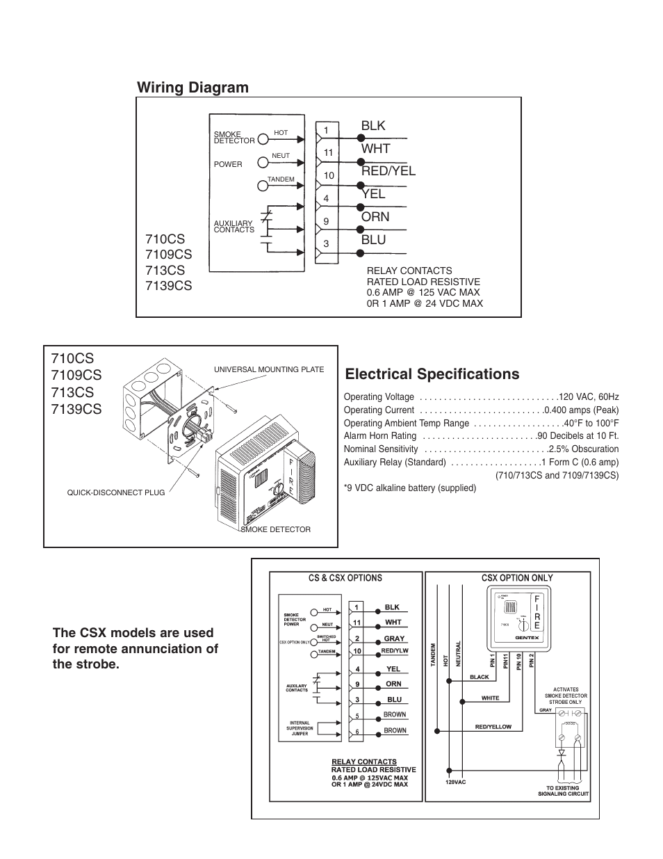 Wiring diagram, Electrical specifications, Blk wht red/yel yel orn blu | Silent Call Gentex 710ls User Manual | Page 3 / 4
