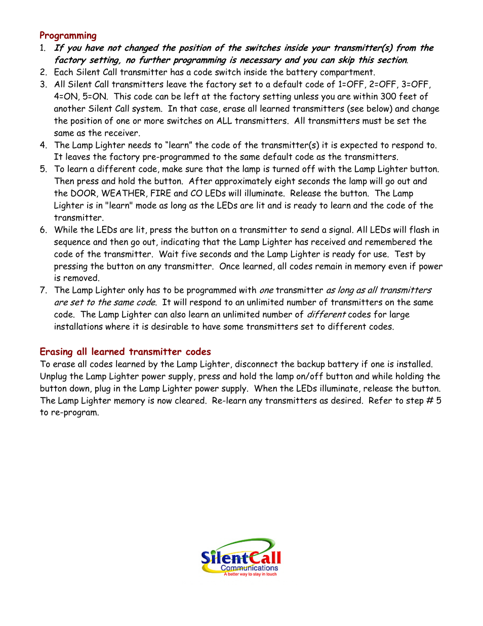 Programming, Erasing all learned transmitter codes | Silent Call LLS-04 User Manual | Page 3 / 4