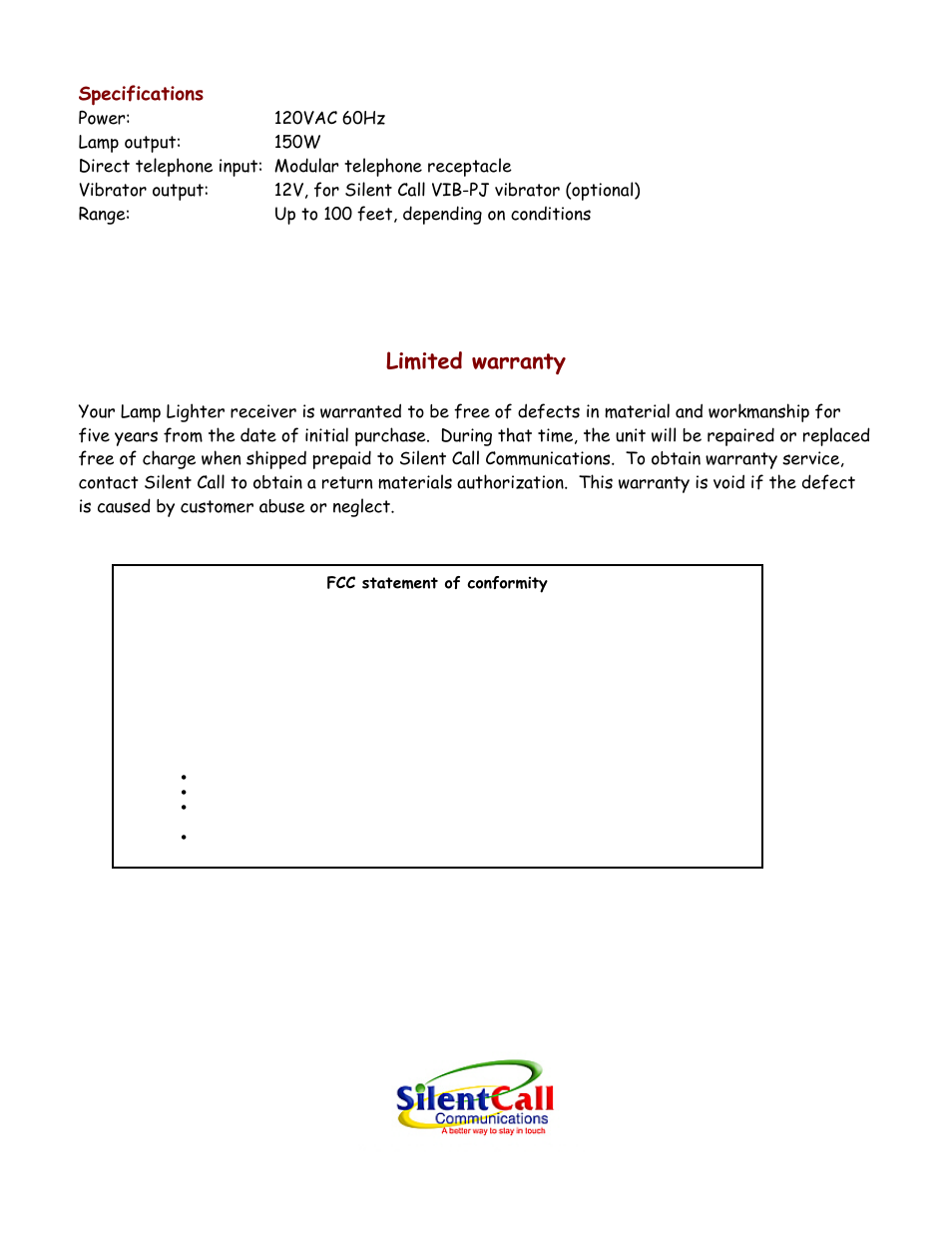 Specifications, Limited warranty, Fcc statement of conformity | Silent Call LLS-04 User Manual | Page 4 / 4