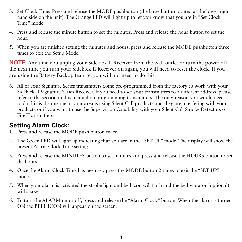 Setting alarm clock | Silent Call SK2-SS User Manual | Page 4 / 12