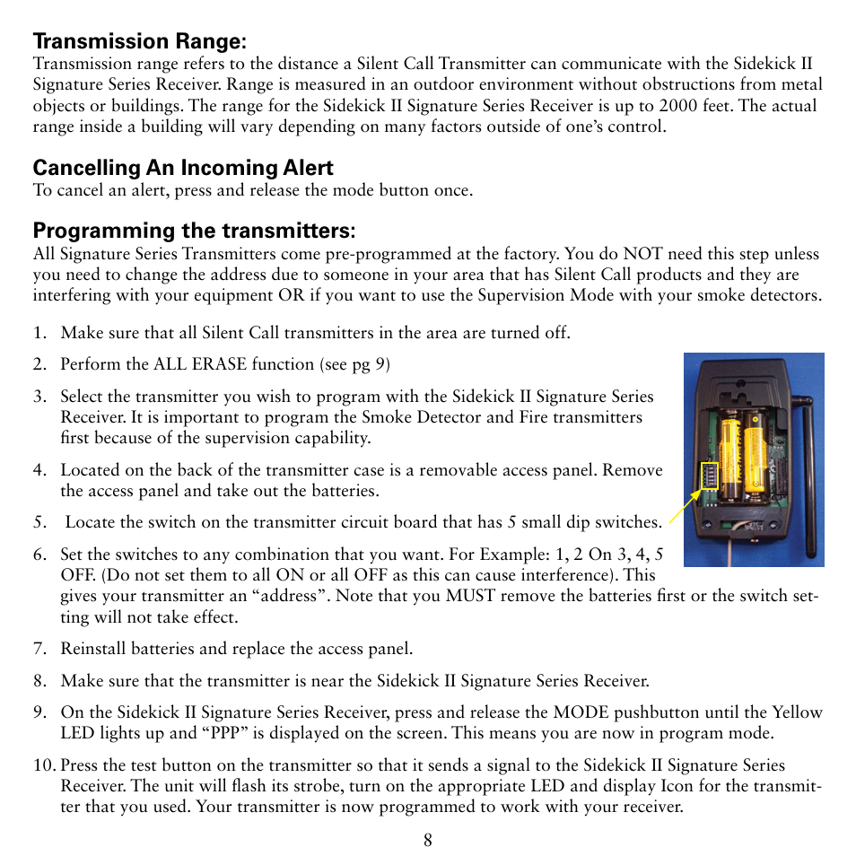 Transmission range, Cancelling an incoming alert, Programming the transmitters | Silent Call SK2-SS User Manual | Page 8 / 12